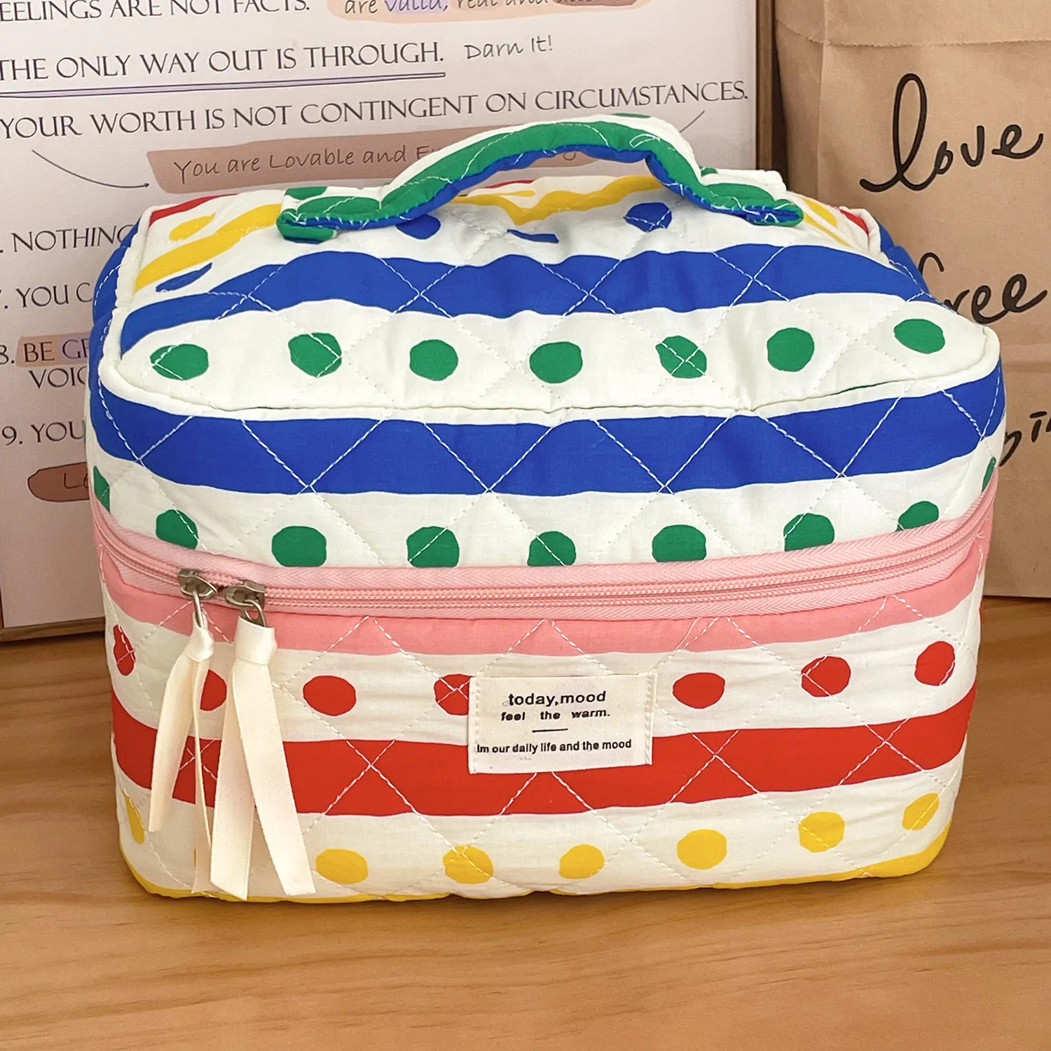 Borsa Da Trucco Trapuntata Motivo A Righe Pois Arcobaleno Pochette Cosmetica Da Viaggio Grande Capacità Portatile Organizer