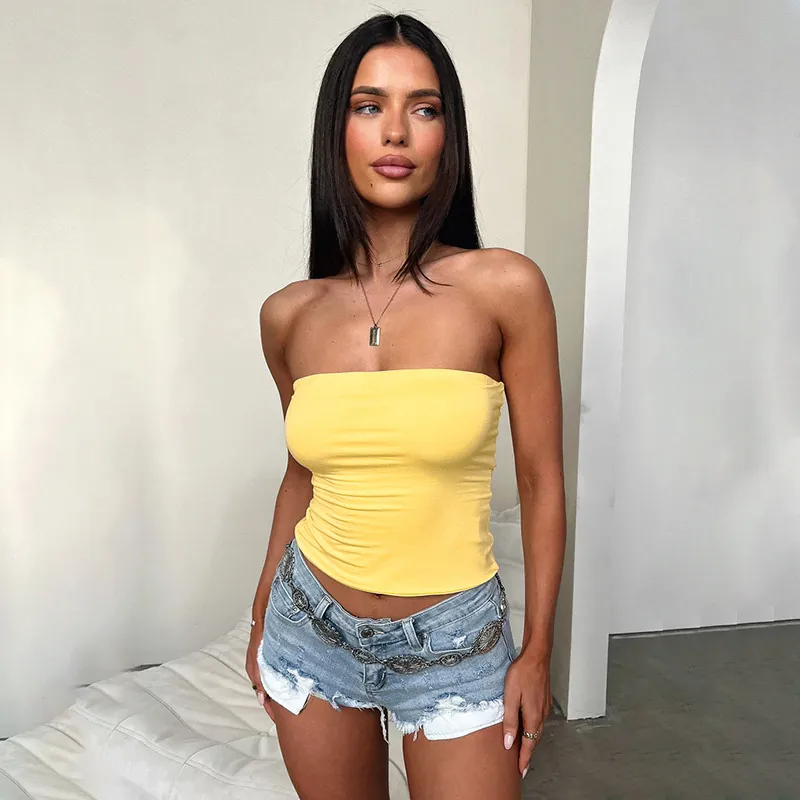 Women Sexy Tube Top Strapless Polyester Spandex Slim Fit Solid Color Streetwear Crop Top Sleeveless Summer
