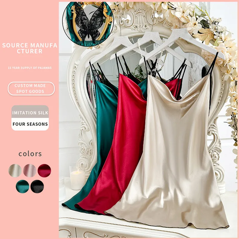 Women Satin Slip Nightdress Imitation Satin V-Neck Backless Sleeveless Lace Butterfly Home Sleepwear Sexy Short Pajama