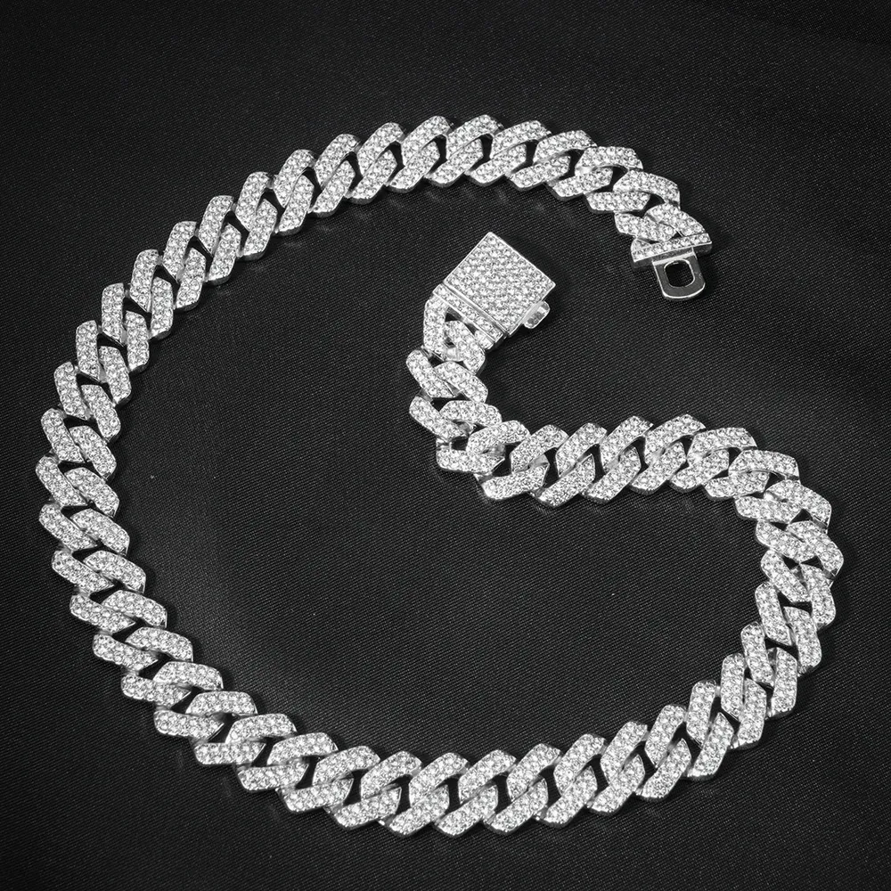 Hip Hop Cuban Link Chain Necklace Zinc Alloy Full Rhinestone Iced Out Bling Jewelry For Men Women