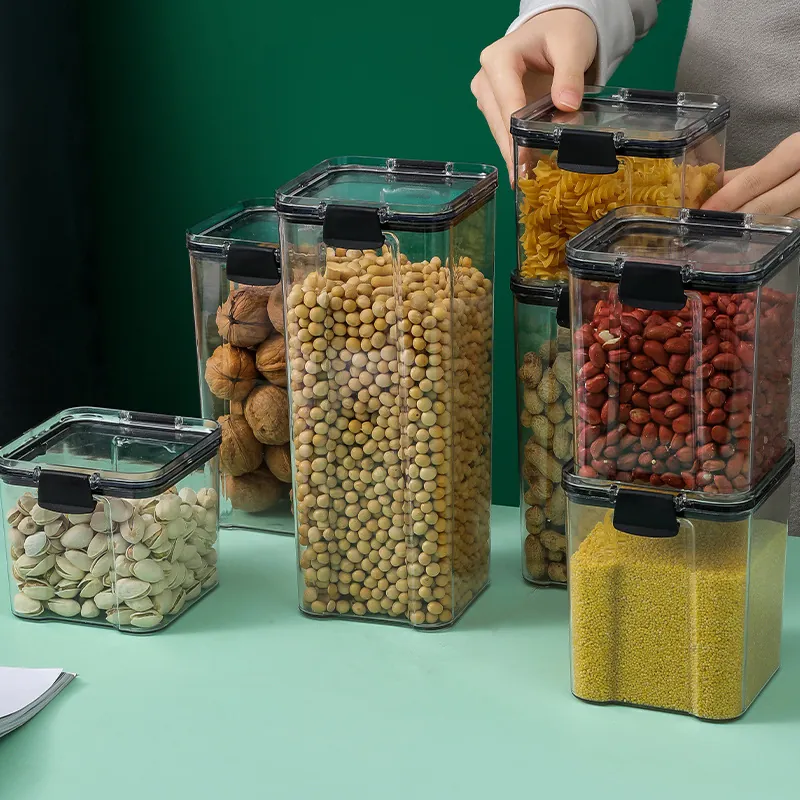 Airtight Food Storage Containers Transparent PET Plastic Kitchen Canisters With Locking Lids For Grains And Snacks