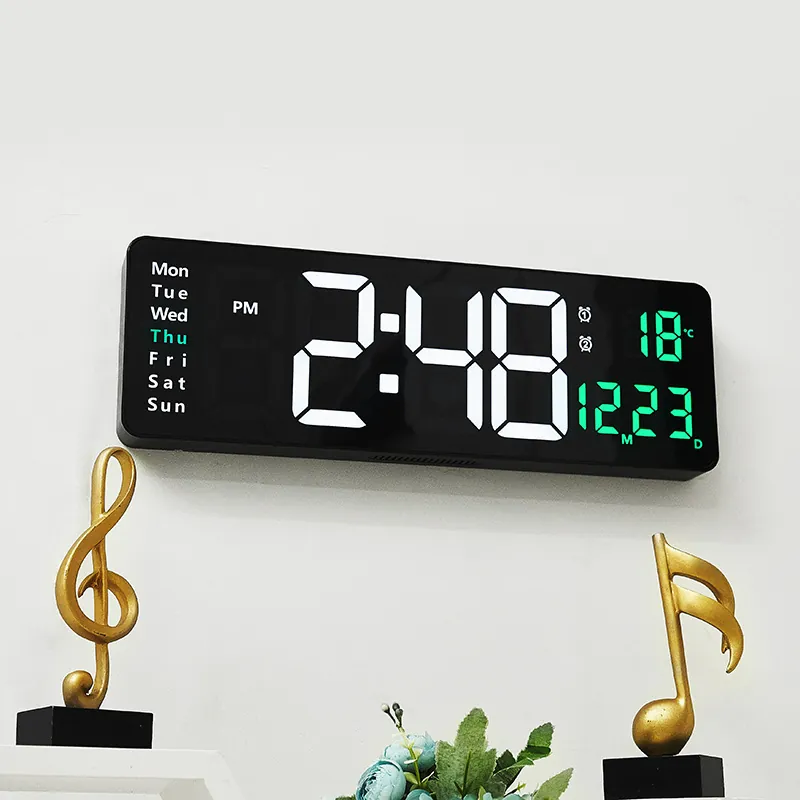 Reloj De Pared Digital LED Grande Moderno Temperatura Fecha Semana Humedad Doble Alarma Control Remoto Minimalista Plástico
