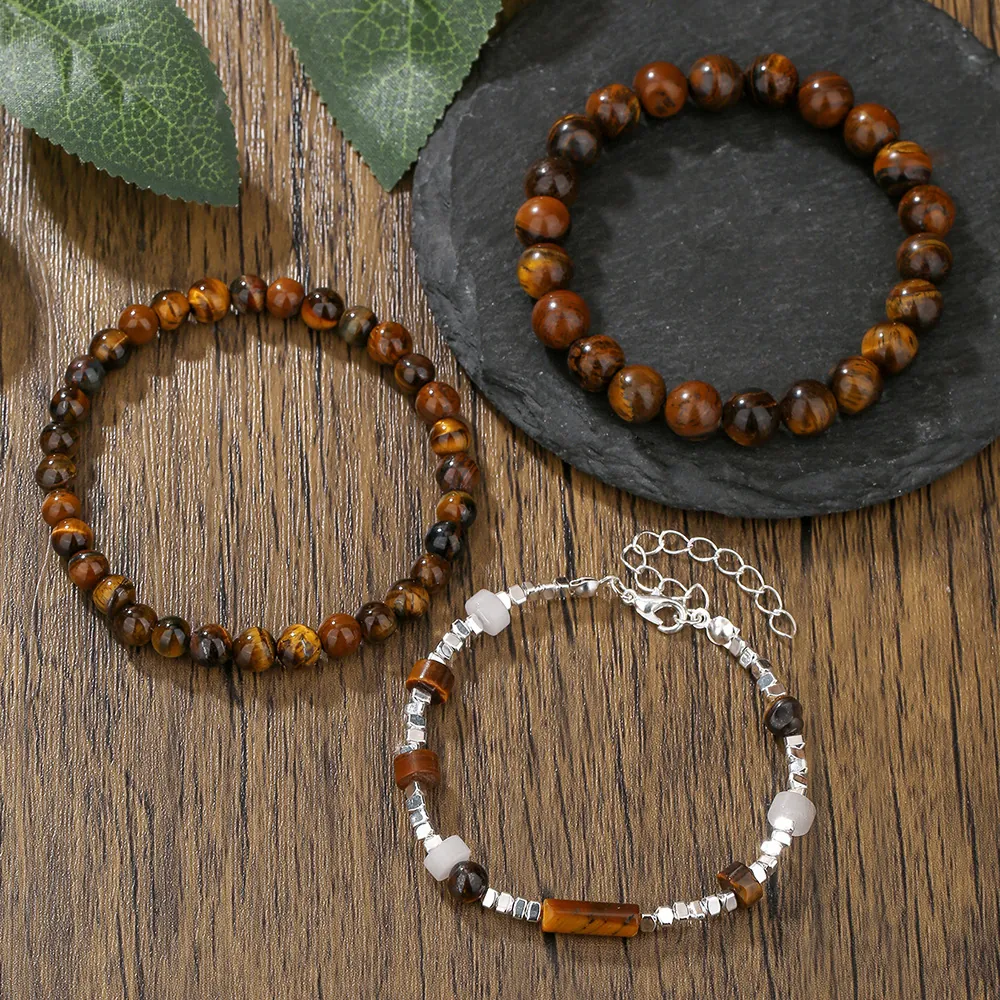 Tiger Eye Hematite Lava Stone Beaded Bracelets For Men Retro Elastic Natural Stone Jewelry Niche Design Accessory