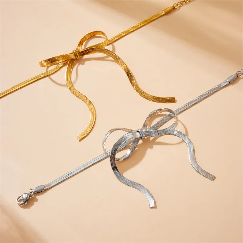 Minimalist Bowknot Snake Bone Chain Bracelet Gold Plated Stainless Steel Adjustable Jewelry For Women