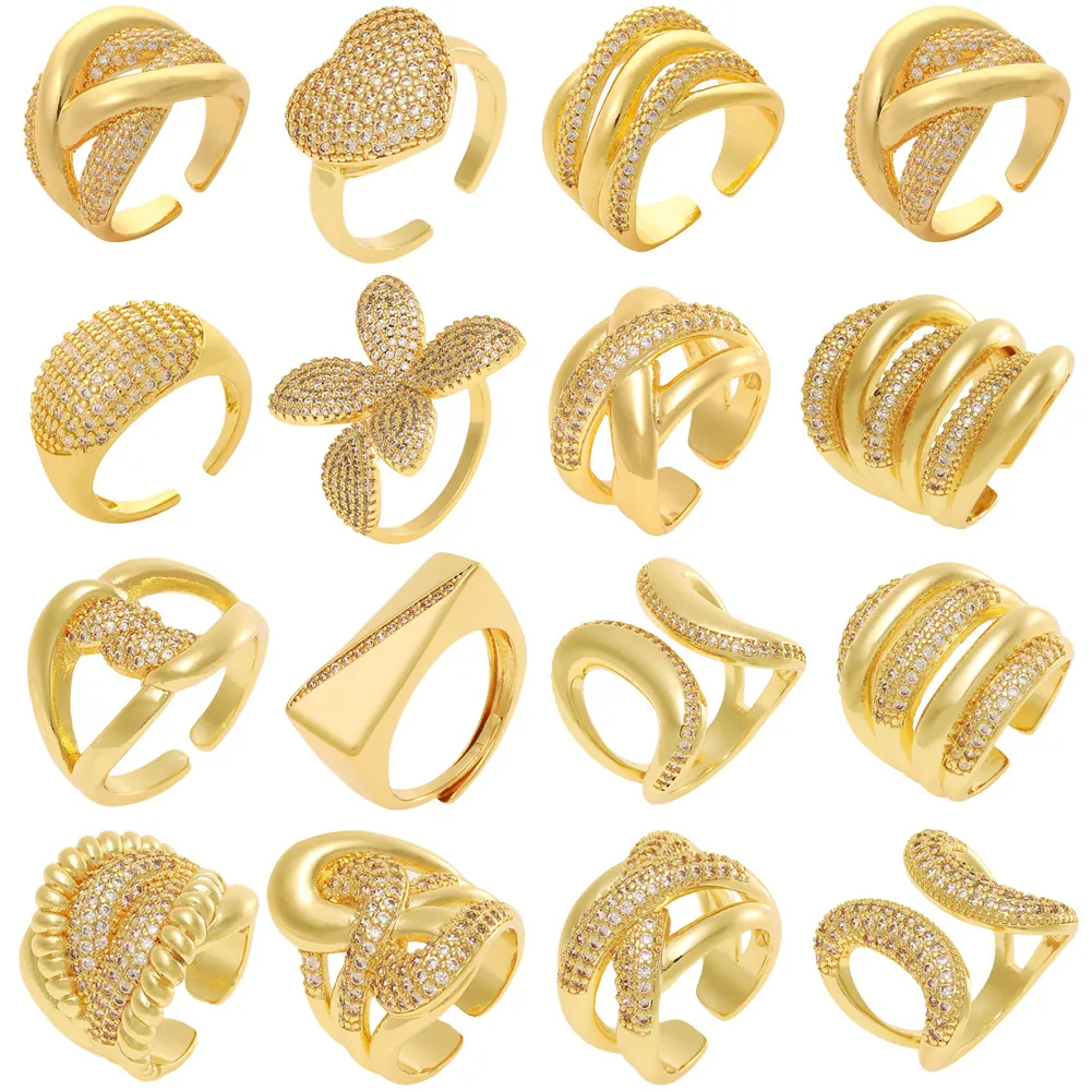 Minimalist Copper Zirconia Open Ring For Women Fashion Gold Plated Geometric Adjustable Finger Ring Jewelry Gift