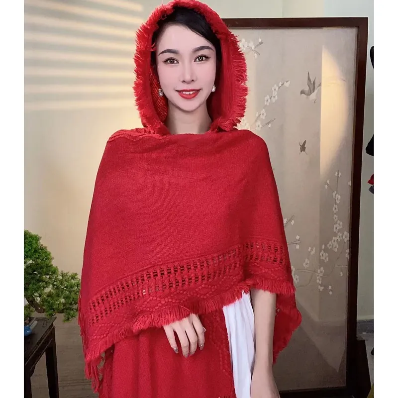 Women Knitted Hooded Shawl Top With Tassels Ethnic Style Hollow Out Poncho Cloak For Travel Photo Shooting Warm Artificial Wool Wrap
