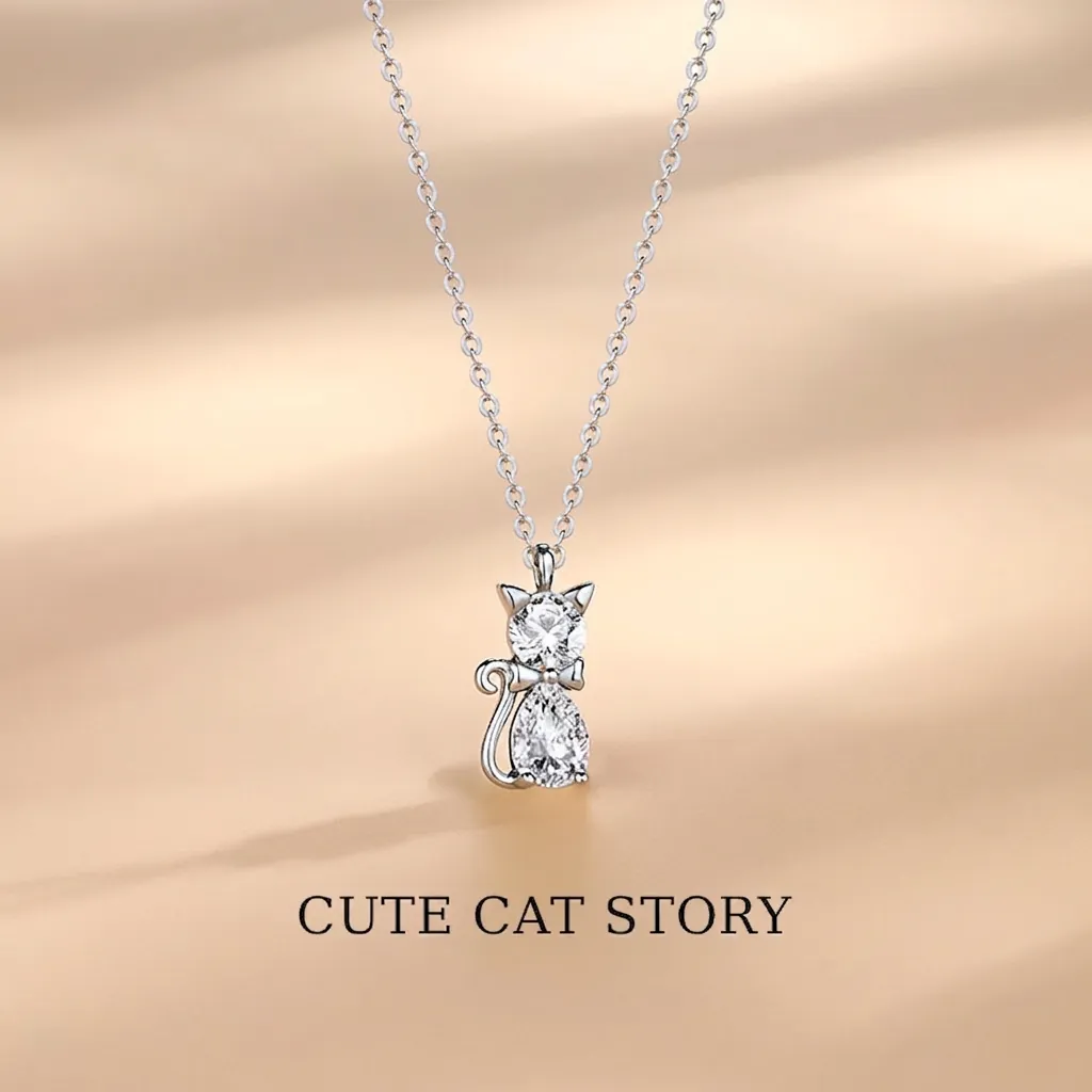 999 Fine Silver Cute Cat Pendant Necklace For Women Zirconia Inlaid Animal Design Dainty Jewelry Gift Necklace