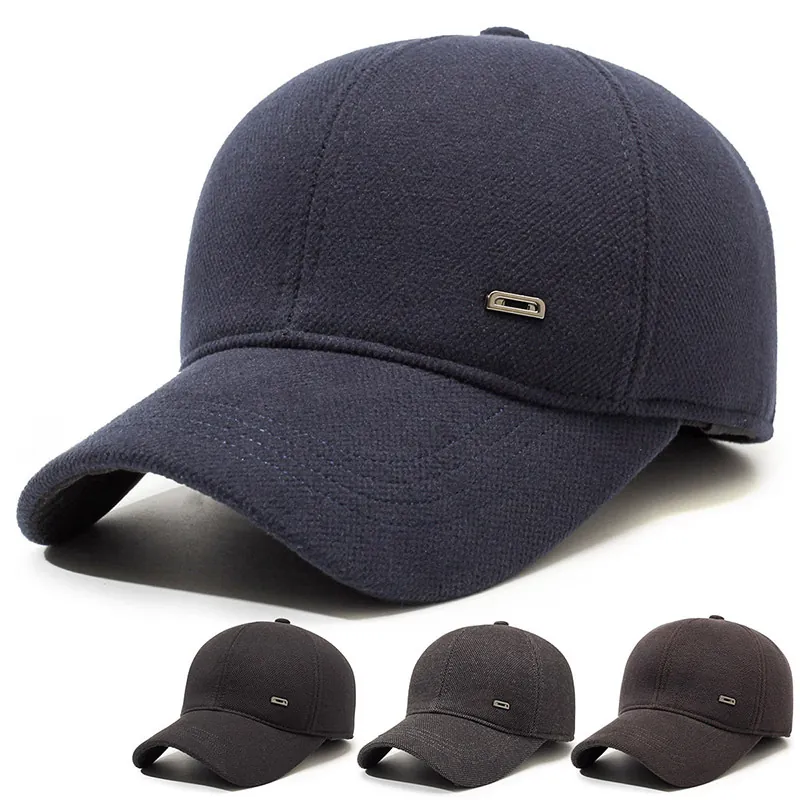 Men Winter Baseball Cap With Ear Flaps Warm Woolen Peaked Hat For Elderly Windproof Adjustable Outdoor