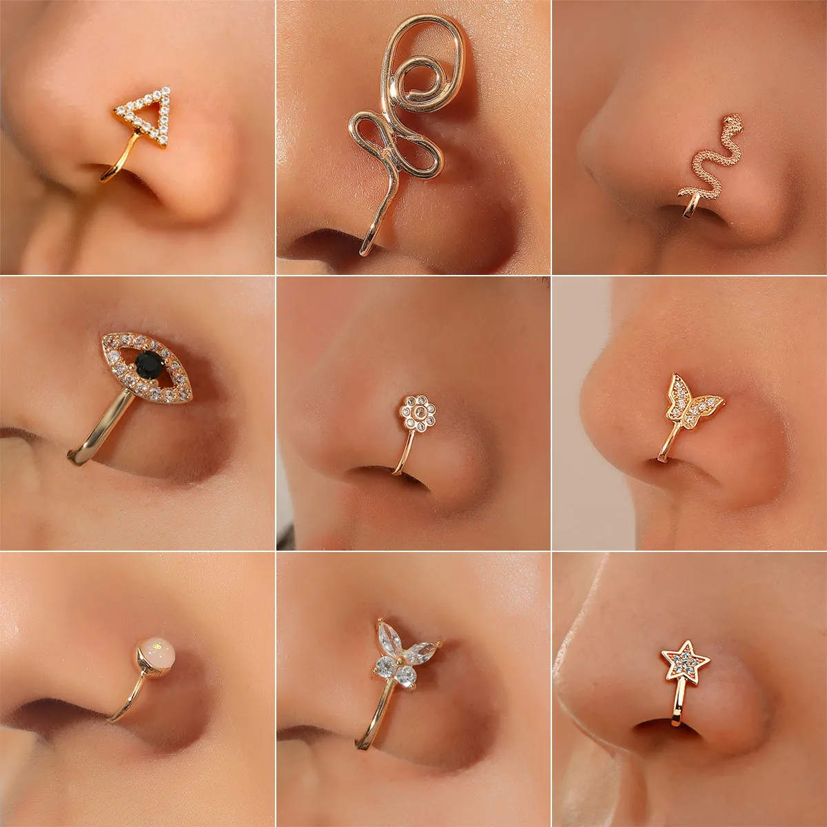 Finto Anello Al Naso Clip Su Non Forato Rame Zirconia Farfalla Serpente Fiore Gioielli Geometrici Per Donne