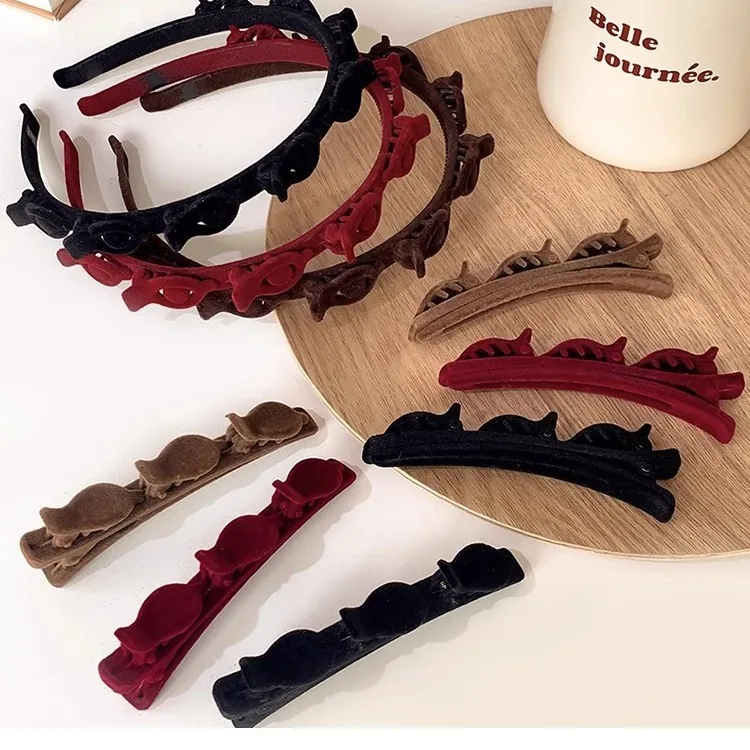 Doppelschichtige Geflochtene Haarklammern Beflockte Samt Seitenclips Pony Barrette Herz Strass Für Damen Styling