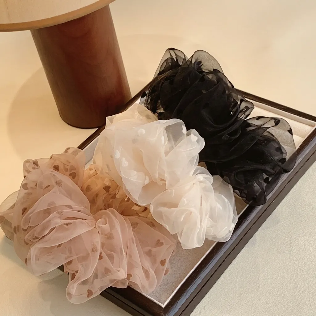 Chouchous En Organza À Motifs De Coeur Élastiques En Maille Flocage Bandeaux Cheveux Surdimensionnés Accessoires Coréens