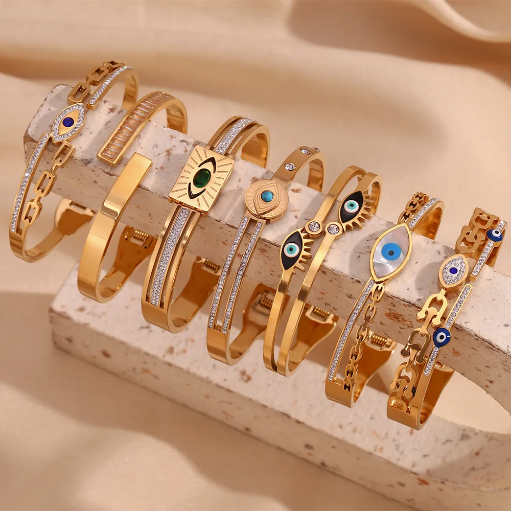Evil Eye Bangle Bracelet 316L Stainless Steel 18K Gold Plated Zircon Micro Paved Spring Buckle Fashion Jewelry Women