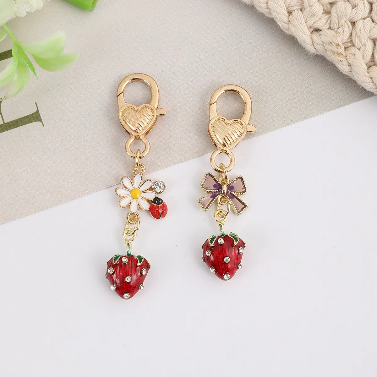 Etsy Fruit Strawberry Cherry Apple Metal Keychain Cute Cartoon Love Heart Pendant Key Chain Women Jewelry Gift