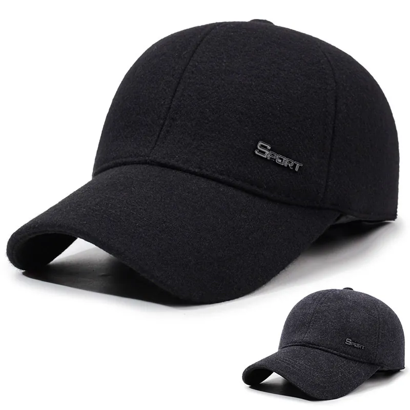 Men Woolen Baseball Cap With Foldable Ear Flaps Winter Warm Windproof Peaked Hat Vintage Adjustable For Outdoor Wear