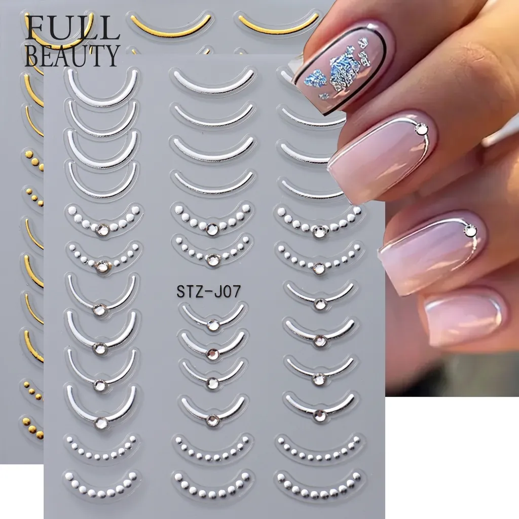 Autocollants Art Des Ongles En Relief Lignes Courbes Françaises Métalliques Strass Künstliche Perle Décoration Manucure DIY