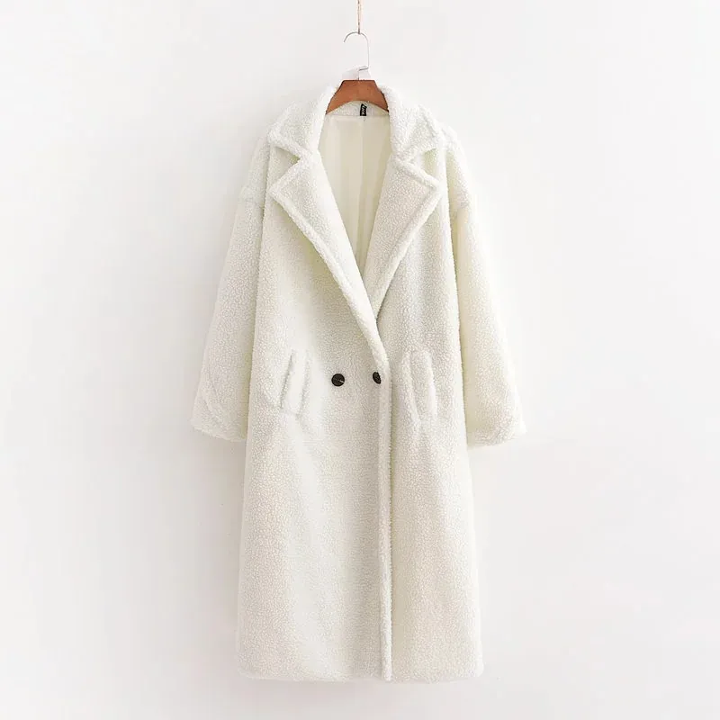 Women Long Teddy Fleece Coat Faux Fur Jacket Thick Warm Casual Lapel Outerwear Top With Pockets Solid Color Winter Overcoat