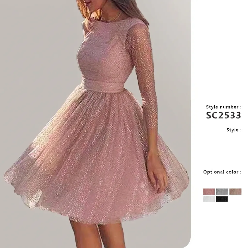 Women Long Sleeve Sequin Mesh Dress Elegant High Waist Evening Party Cocktail Midi Dress For Wedding Celebration Lady Clothing