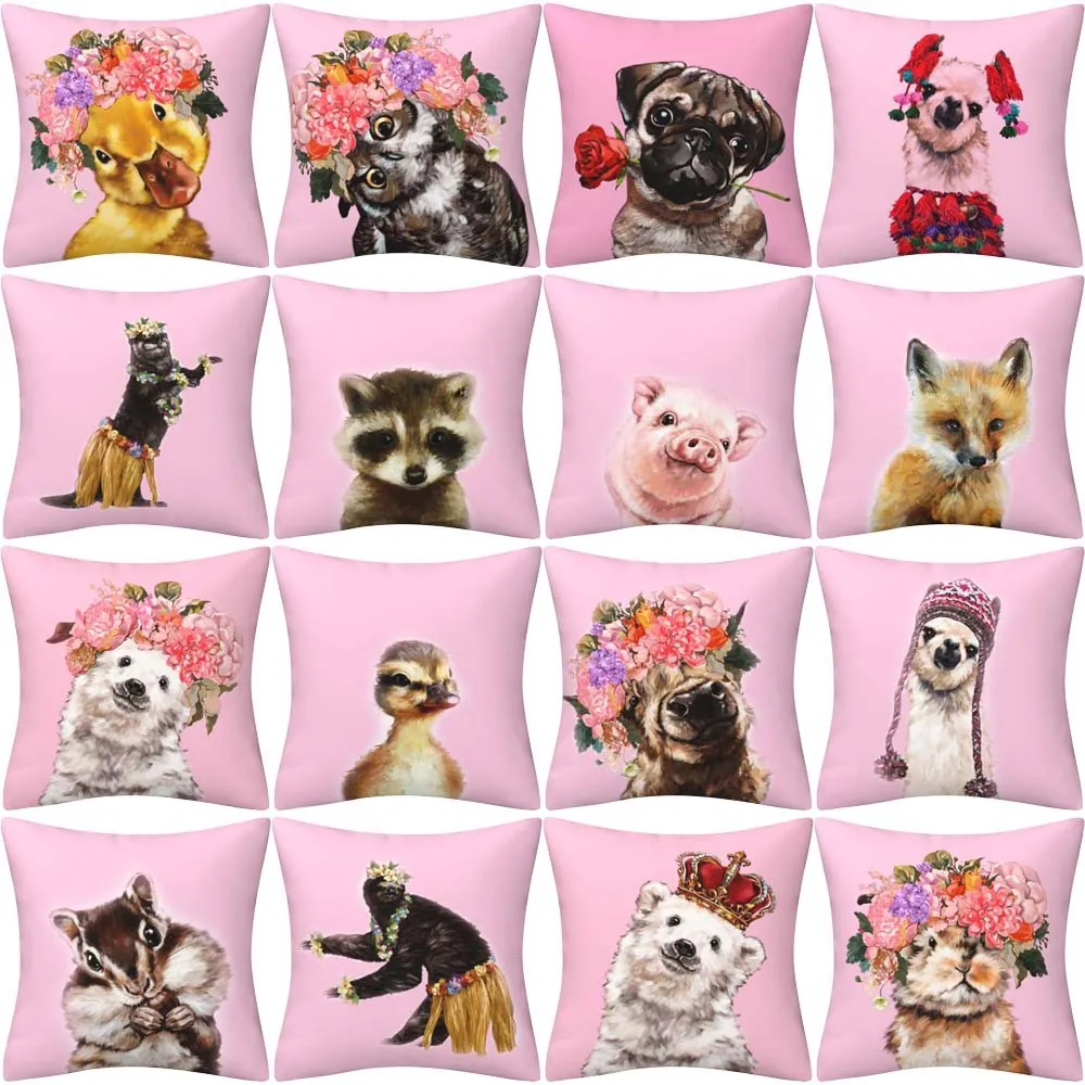Cushion Cover Cute Cartoon Animal Pink Polyester Short Plush Pillowcase For Sofa Living Room Square Hidden Zipper