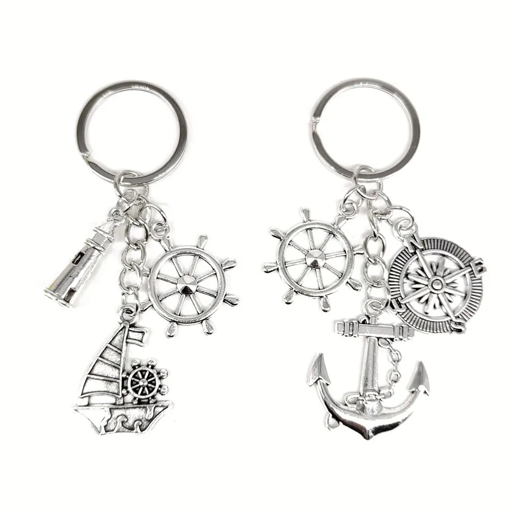Nautical Keychain Zinc Alloy Maritime Charms Retro Silver Keyring Pendant With Anchor Compass Rudder Sailboat Lighthouse