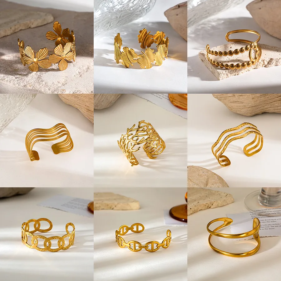 Fashion Stainless Steel 18K Gold Plated Open Bangle Geometric Leaf Floral Heart Coral Pattern Adjustable Bracelet For Women