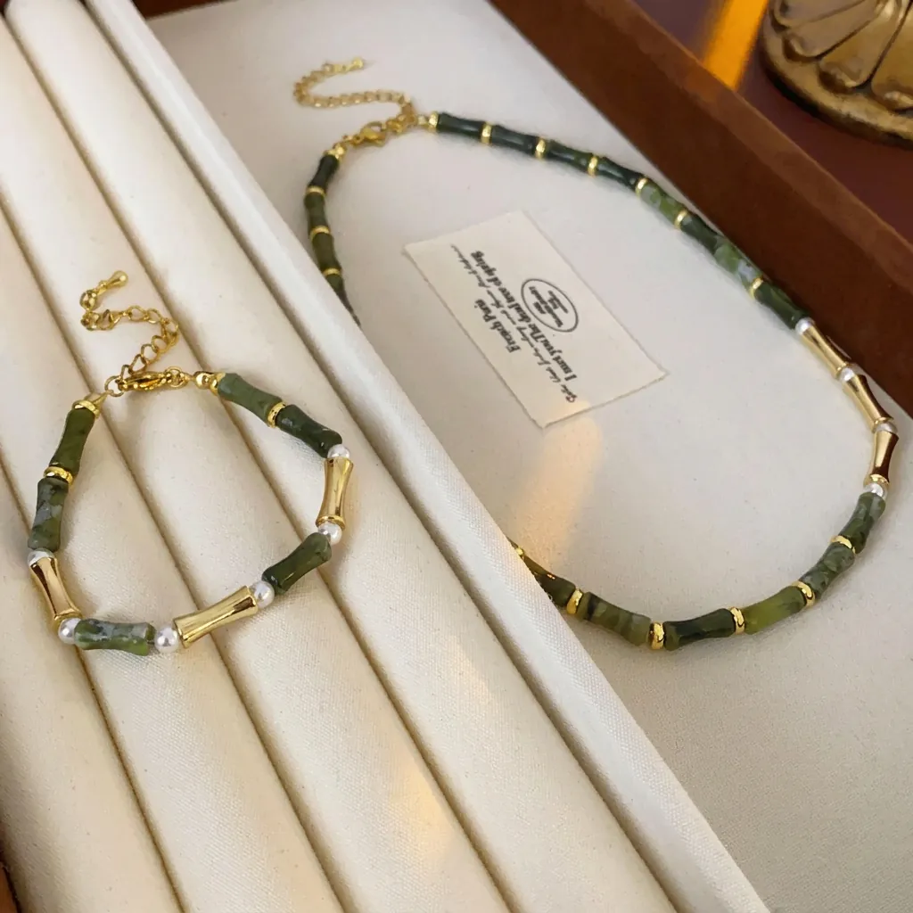 Bamboo Joint Necklace And Bracelet Green Stone Imitation Artificial Pearl Copper Jewelry Elegant Vintage Style For Women