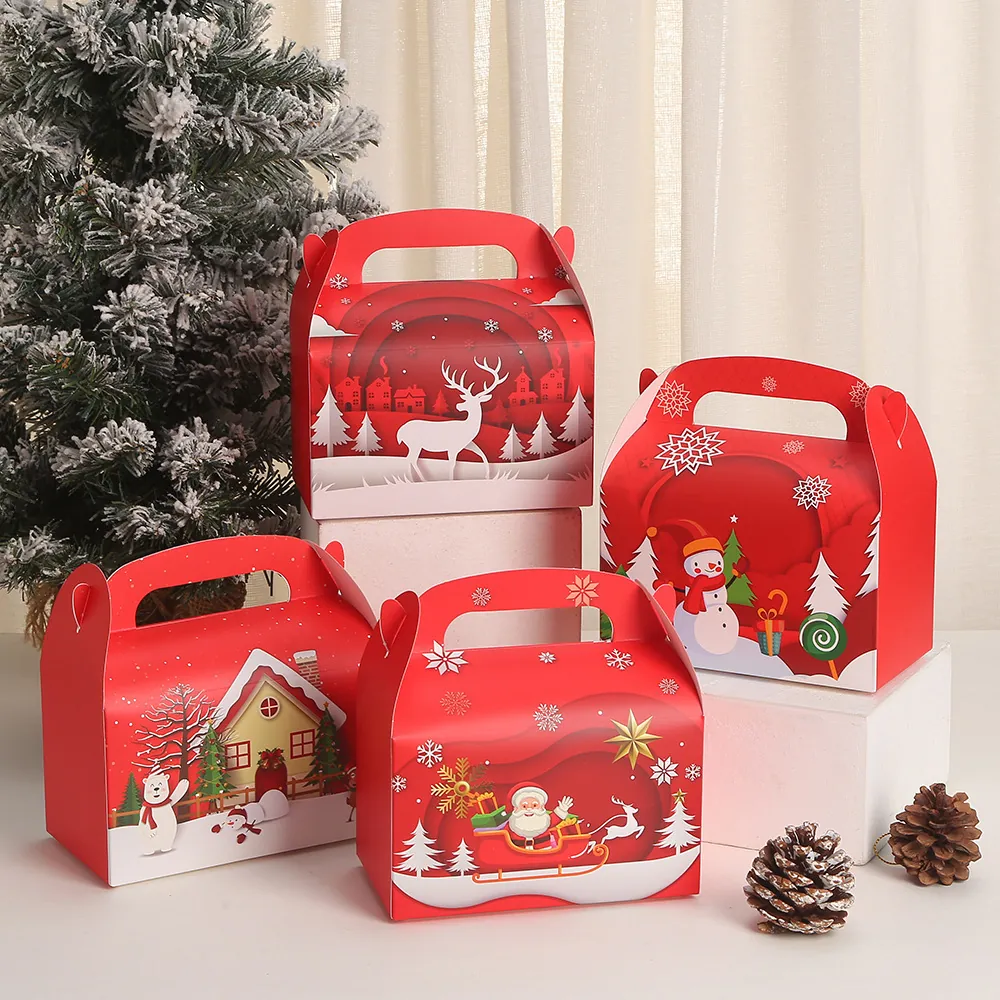 Boîte D'emballage Cadeau De Noël Boîte À Bonbons En Papier Rouge Avec Poignée Renne Père Noël Bonhomme De Neige Impression