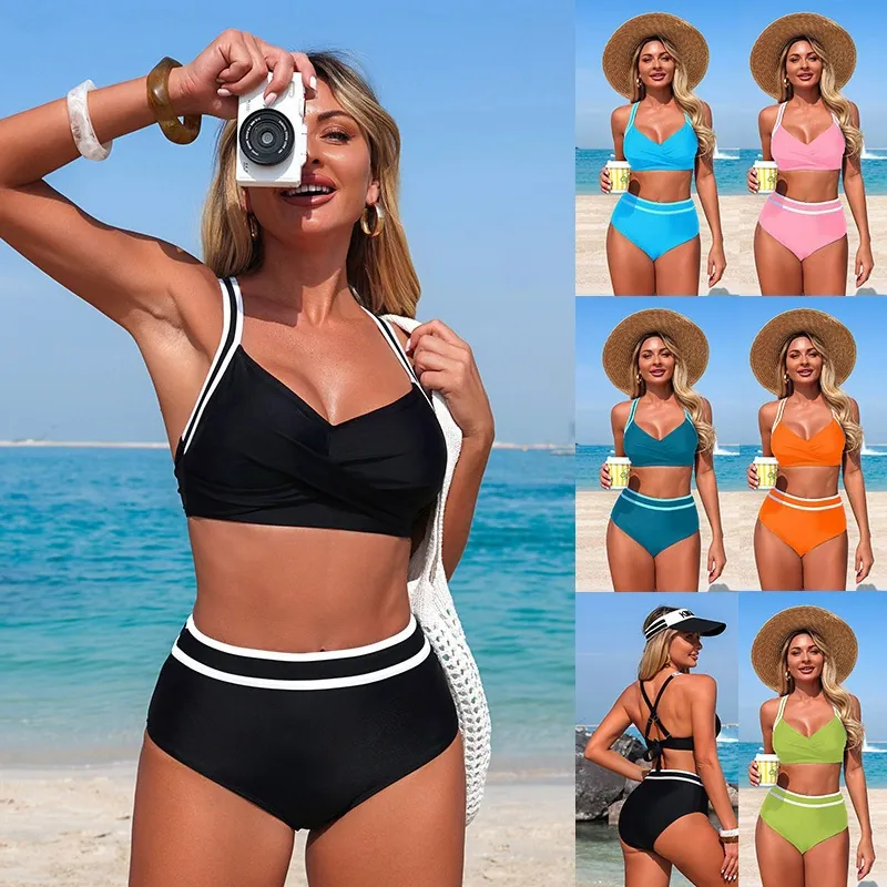 Women Bikini Top And High Waisted Bottoms Swimsuit Contrast White Stripe V-Neck Wrap Front Nylon Polyester Beach Swimwear