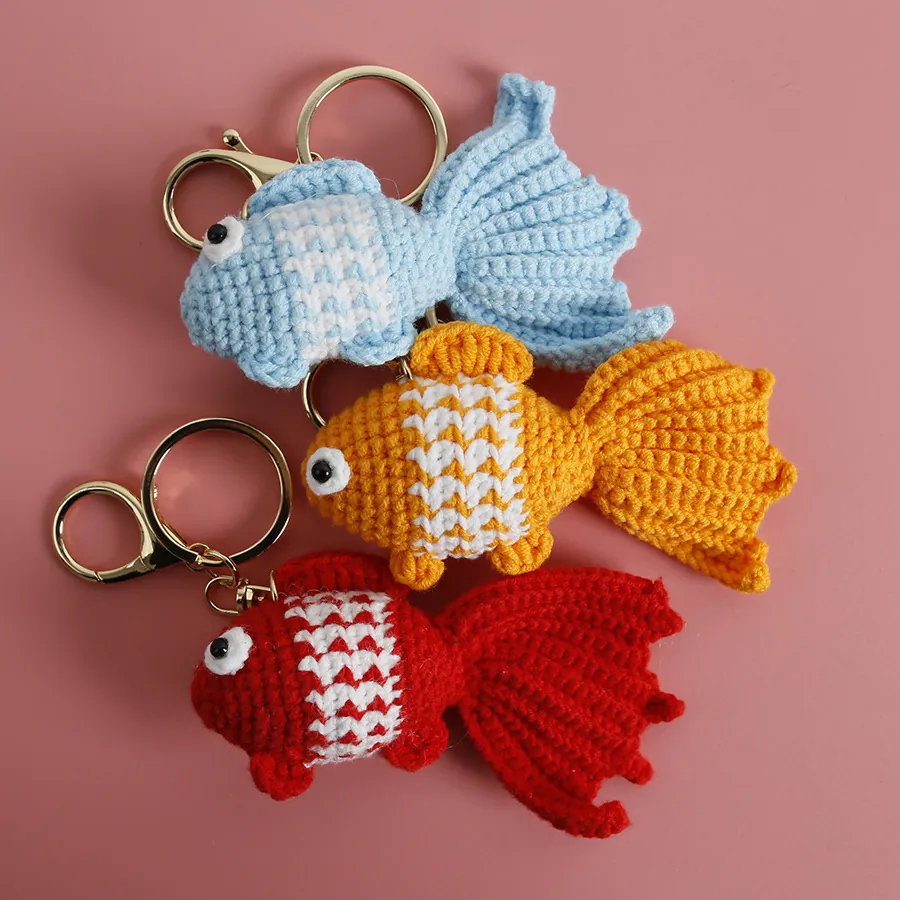 Cute Goldfish Keychain Handmade Crochet Wool Yarn Knitted Animal Bag Pendant Charm For Car Keys Women Girls Gift
