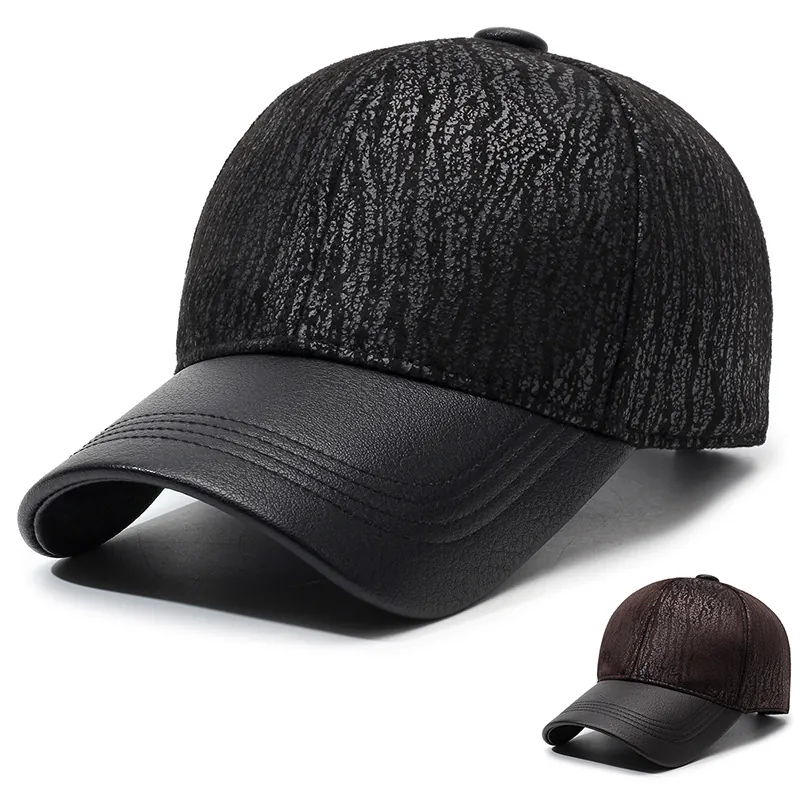Men Baseball Cap PU Leather Textured Crown Windproof Warm Outdoor Casual Adjustable Sport Hat