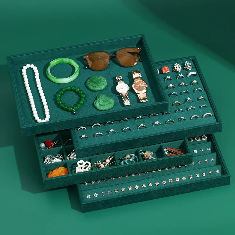 Vintage Green Velvet Jewelry Display Tray Organizer For Rings Earrings Necklaces Bracelets Soft Flannel Storage Pallet