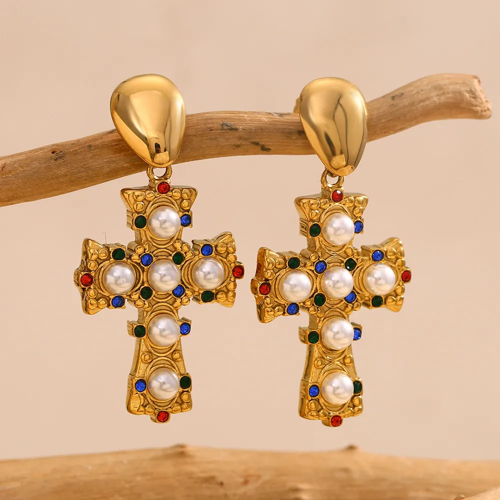 Baroque Vintage Cross Earrings 18K Gold Plated Stainless Steel With Faux Artificial Pearls And Colorful Rhinestones For Women