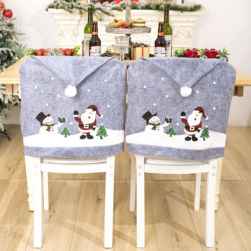 Christmas Chair Back Covers Gray Non-Woven Felt Santa Snowman Print Pom Pom Dining Room Holiday Party Decor Cartoon Cute
