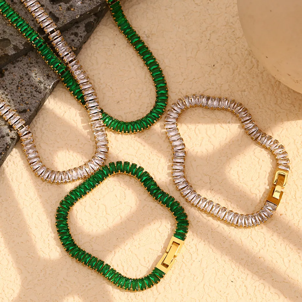 Elegant Baguette Cut Cubic Zirconia Tennis Necklace Bracelet Stainless Steel 18K Gold Plated Luxury Jewelry Women