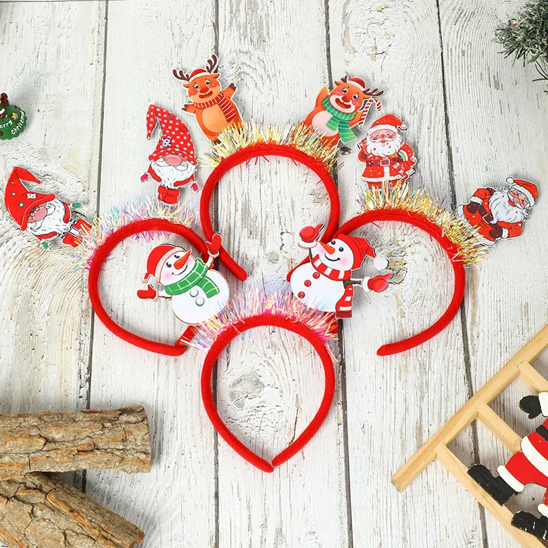 Christmas Headband Festive Hair Hoop With Santa Snowman Reindeer Gnome Cartoon Tinsel Decoration For Party Kids Adults