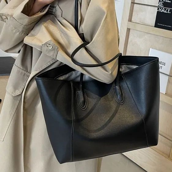 Women Large Capacity Tote Bag PU Leather Minimalist Commute Shoulder Handbag Versatile Solid Color Chic