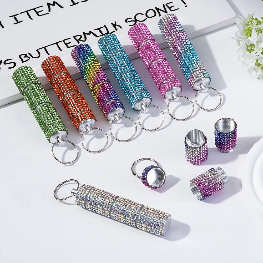 Sparkling Rhinestone Encrusted 3 Section Pill Box Keychain Portable Metal Travel Storage Container Bling Accessory