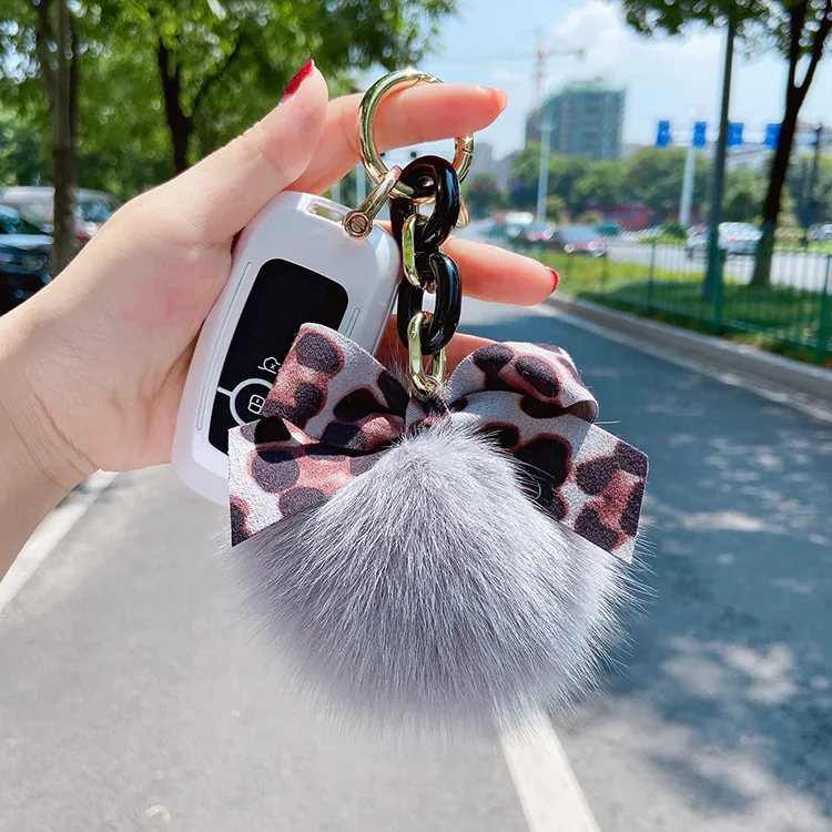 Leopard Bowknot Fox Fur Pom Pom Keychain Decorative Acrylic Link Chain Bag Charm Car Keyring For Women Fashion Accessories