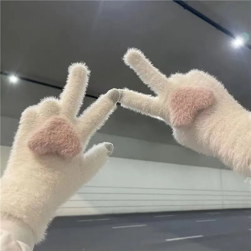 Women Winter Warm Imitation Mink Fur Plush Gloves Heart Pattern Knitted Touchscreen Outdoor Windproof Cycling Mittens