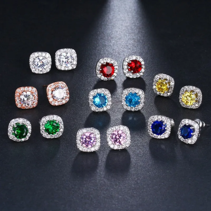 Square Halo Copper Rhinestone Stud Earrings For Women With Stainless Steel Ear Post Elegant Sparkly Fashion Jewelry