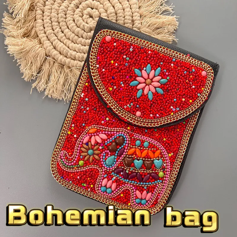 Sac Bandoulière Bohème Pour Femmes Fait Main Perles De Verre Motif Éléphant Vintage Ethnique Mini Sac À Épaule Pour Téléphone