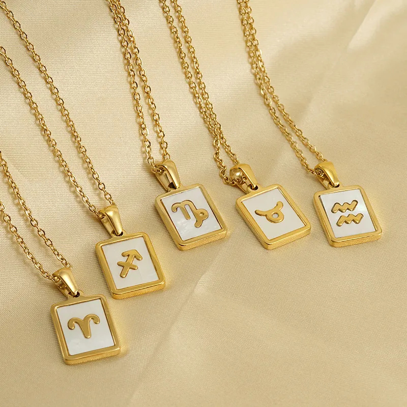 Zodiac Pendant Necklace 18K Gold Plated Stainless Steel Natural Shell Twelve Constellations Fashion Jewelry For Women