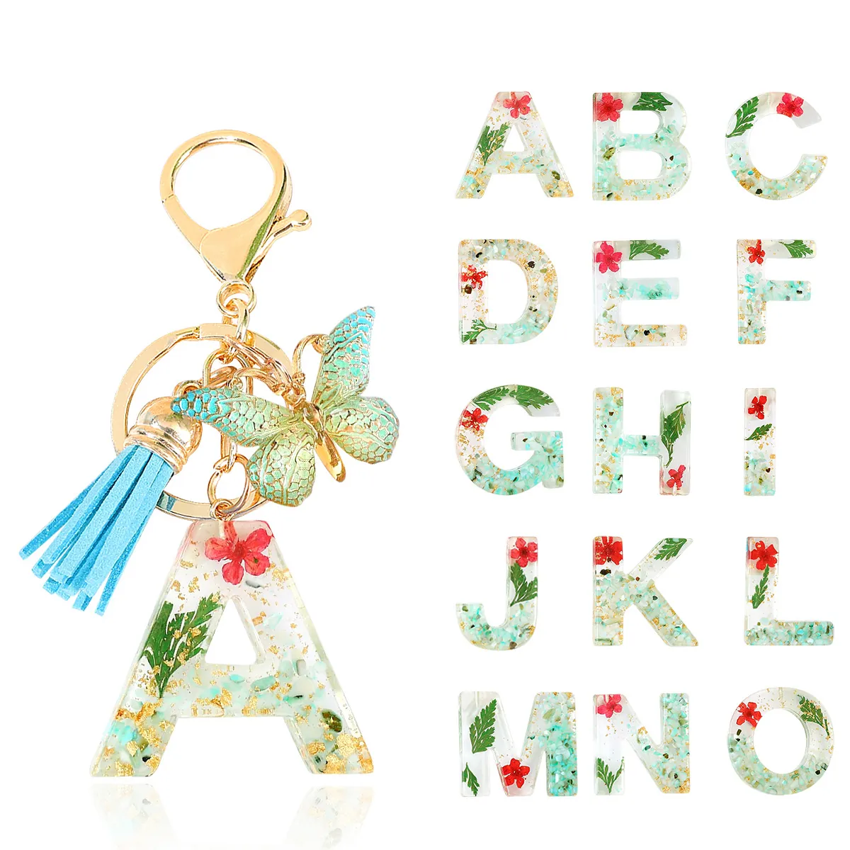 Alphabet Letter Resin Keychain With Dried Flowers Gold Foil Butterfly Charm Suede Tassel Bag Pendant Gift For Women
