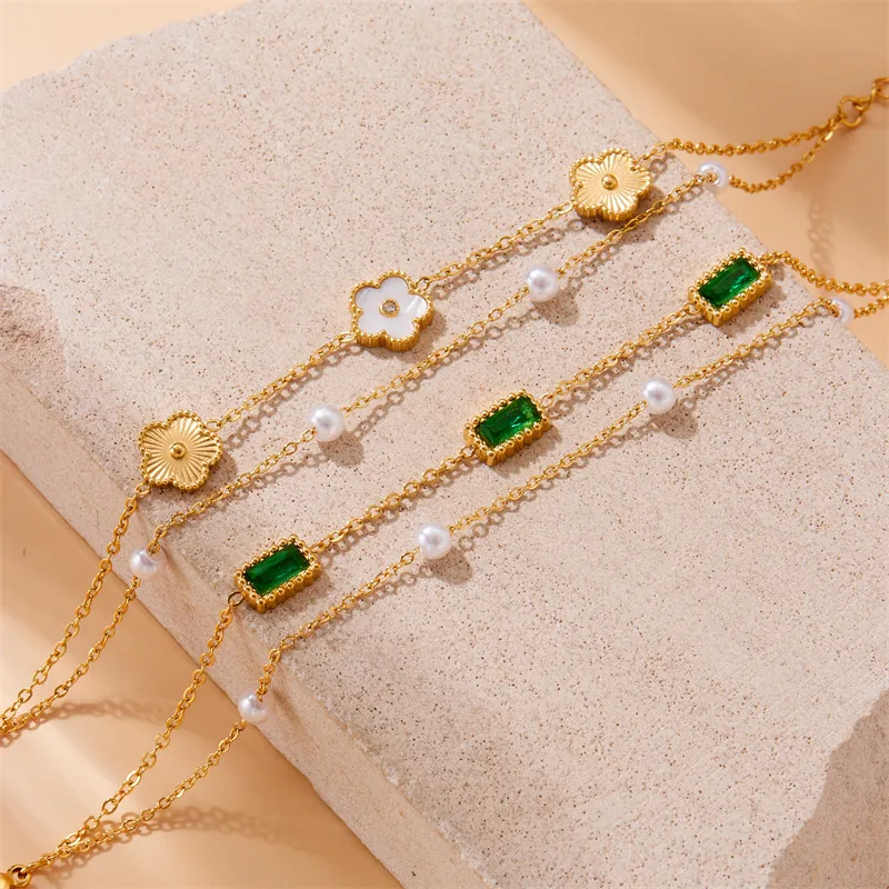 Layered Bracelet Gold Plated Stainless Steel Shell Flower Artificial Pearl Green Zircon Retro Elegant Jewelry For Women