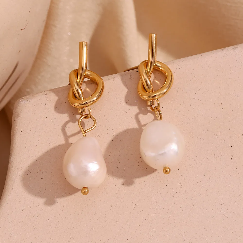 18K Gold Plated Stainless Steel Knotted Button Freshwater Pearl Drop Stud Earrings Women French Vintage Niche Jewelry