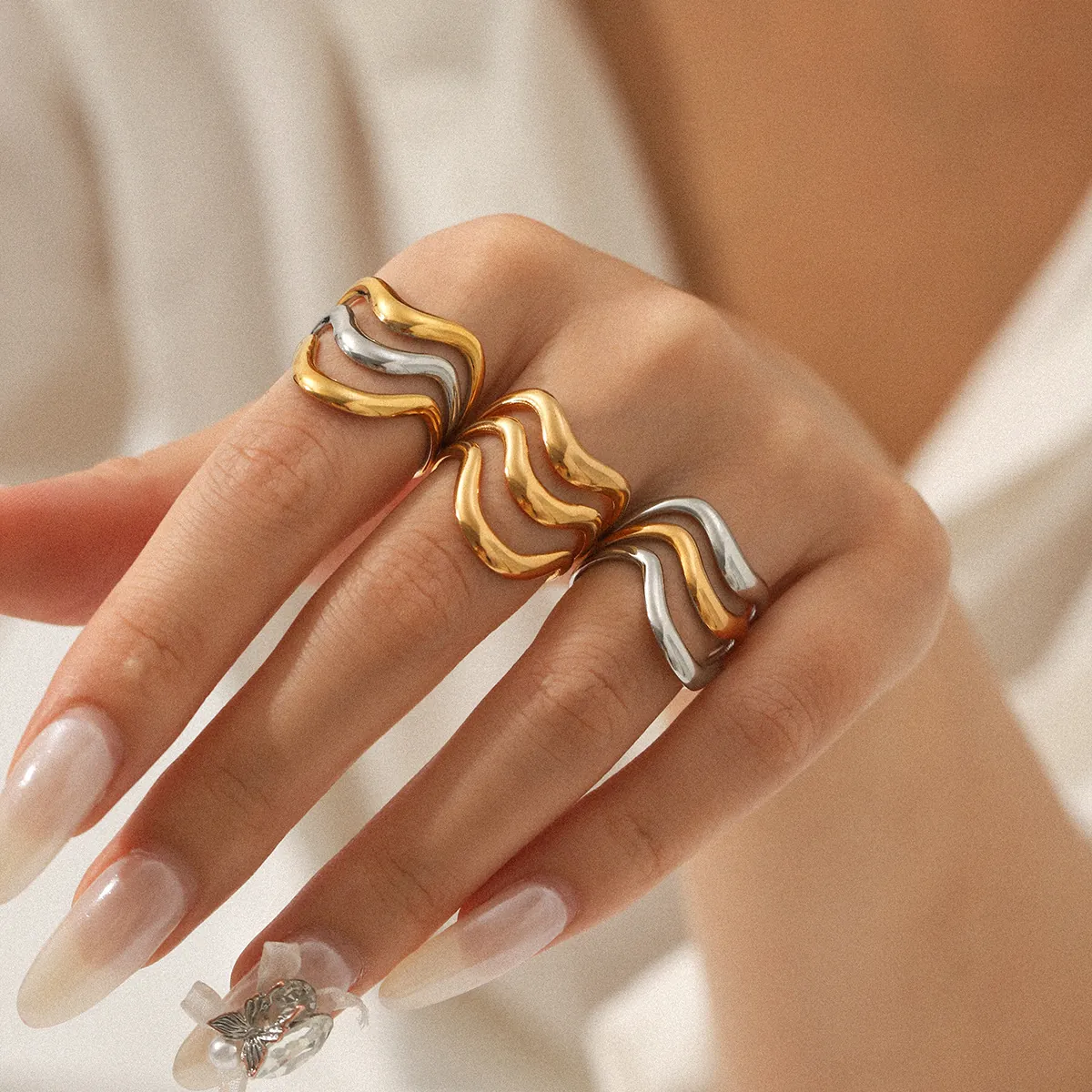 Wave Shaped Irregular Line Ring Stainless Steel Gold Silver Color Minimalist Chic Adjustable Fashion Hand Jewelry