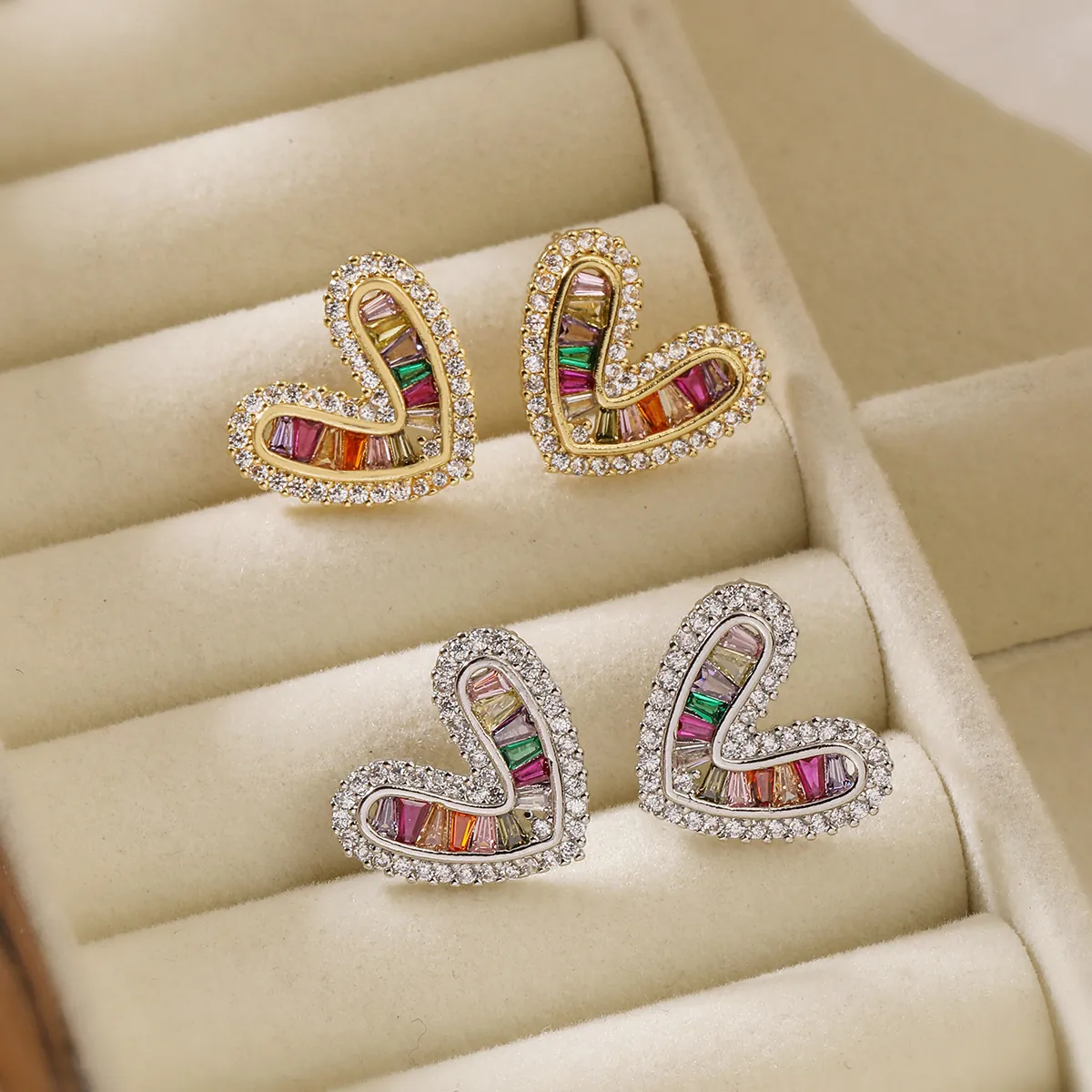 Heart Stud Earrings Copper 18K Gold Plated Multi Color Zirconia Fashion Jewelry For Women Elegant
