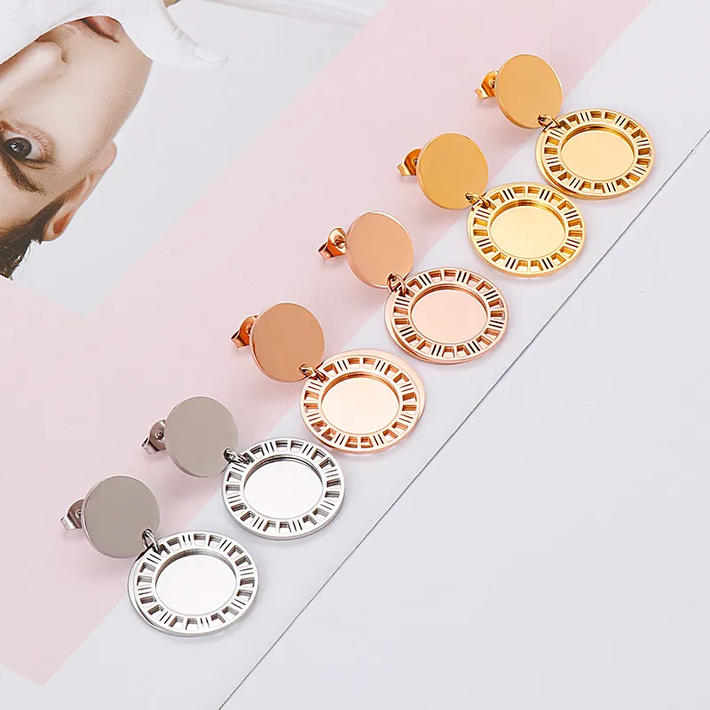 Runde Scheiben Ohrhänger Edelstahl Römische Ziffern Hohl Geometrisch Retro Modischer Schmuck Für Damen