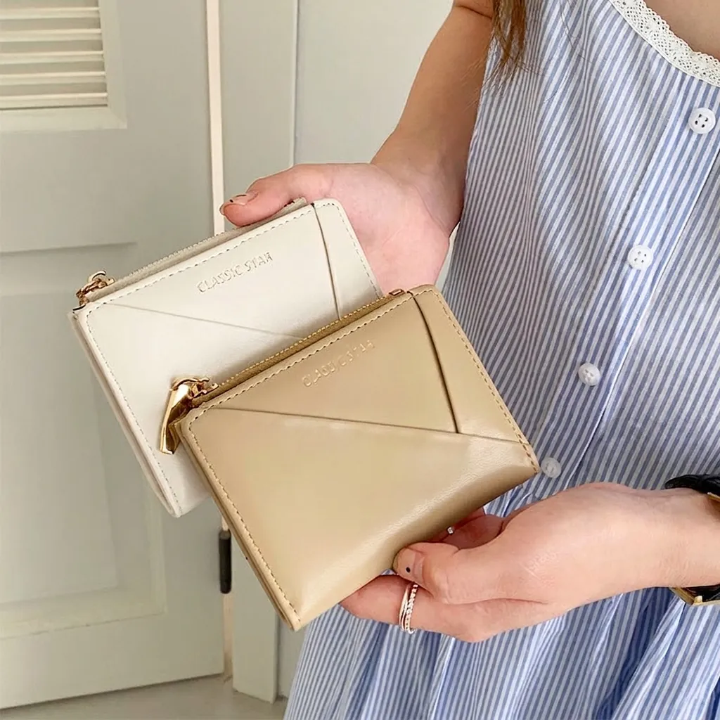 Women Short Wallet PU Leather Zipper Coin Pocket Multi Card Slots ID Window Geometric Stitching Minimalist Elegant