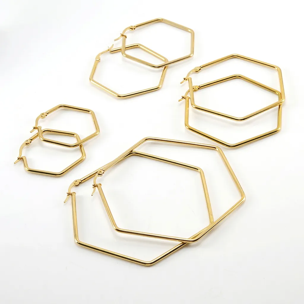 Hexagonal Hoop Earrings 18K Gold Plated Stainless Steel Geometric Minimalist Large Circle Fashion Jewelry For Women