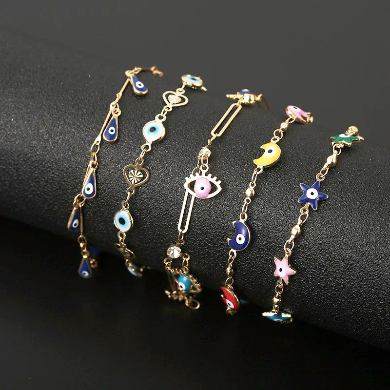 Women Fashion Copper Evil Eye Bracelet Colorful Enamel Rhinestone Adjustable Star Moon Heart Gold Charm Bracelet Jewelry